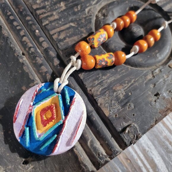 Artisan Tribal Round Unglazed Clay Pink Multicolor OOAK Pendant Necklace - Picture 1 of 8